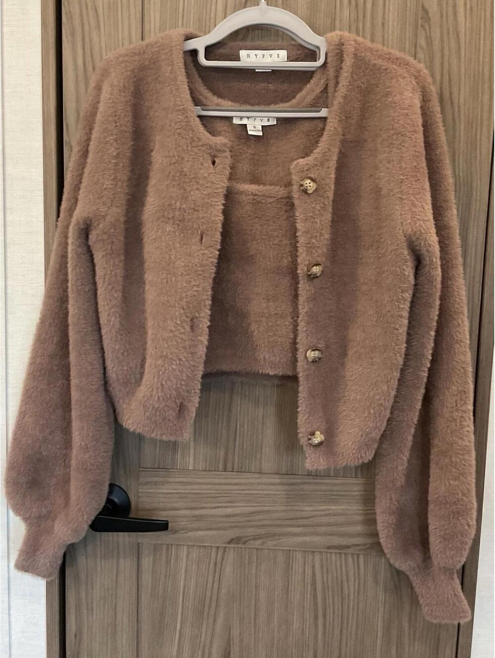 Hyfve Womens 2 Piece Fuzzy Tank And Button Up Blouse Sweater Size S